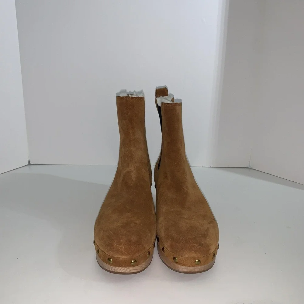 J Crew Ankle Boots Womens Size 9.5 Brown Suede Faux Fur Lined Chelsea Clog BD336